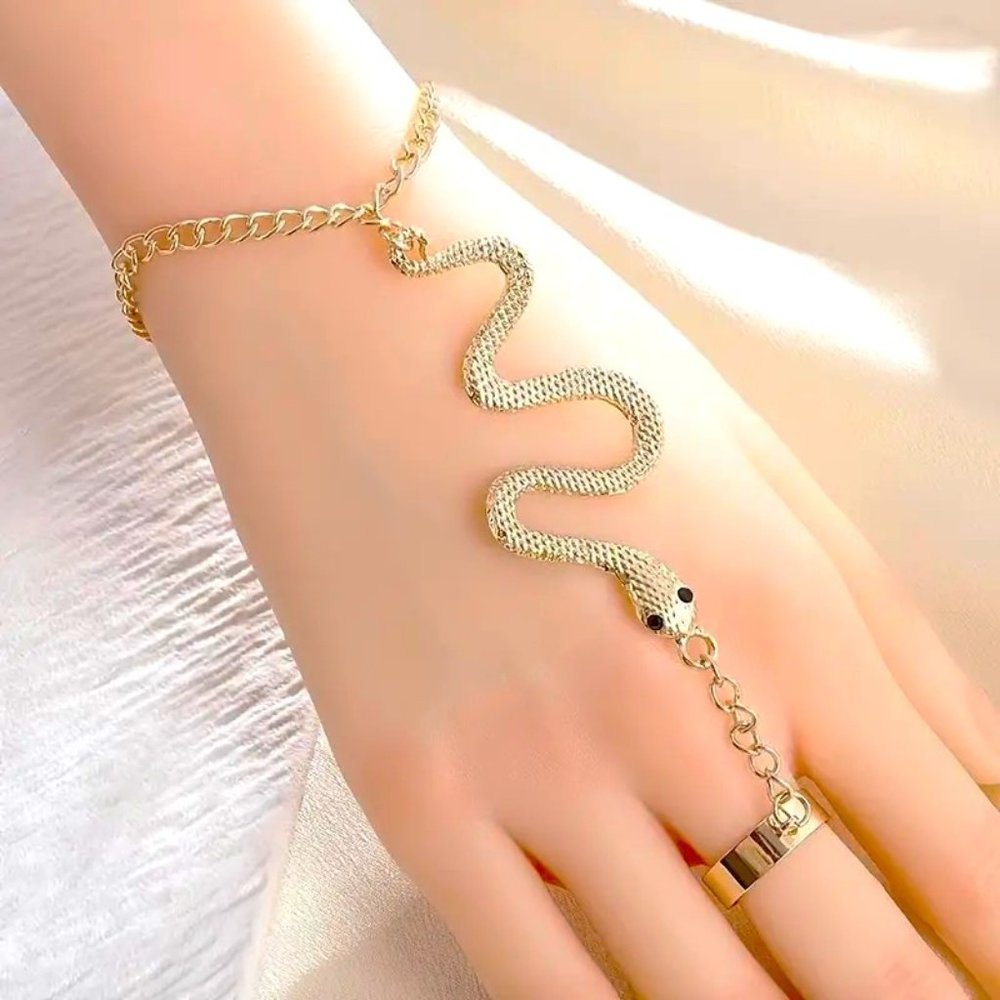 Snake Bracelet Finger Chain Ring Goth Punk Sexy Rave Hippie Boho Glam Statement